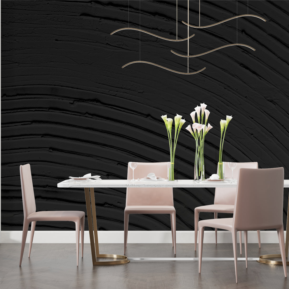 Black wave wallpaper creating dramatic effect in modern living room with leather sofa