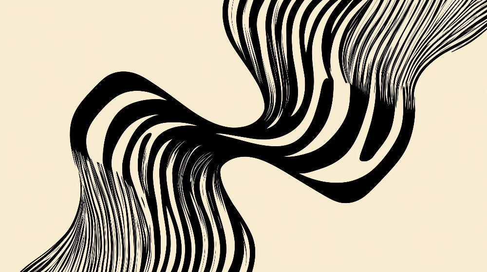 Modern black wave abstract wallpaper creating dynamic movement in a minimalist living room setting