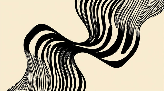 Modern black wave abstract wallpaper creating dynamic movement in a minimalist living room setting
