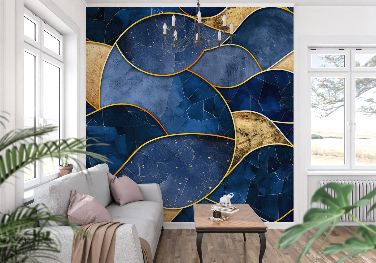 Blue and gold geometric wave wallpaper in modern living room creating luxurious atmosphere
