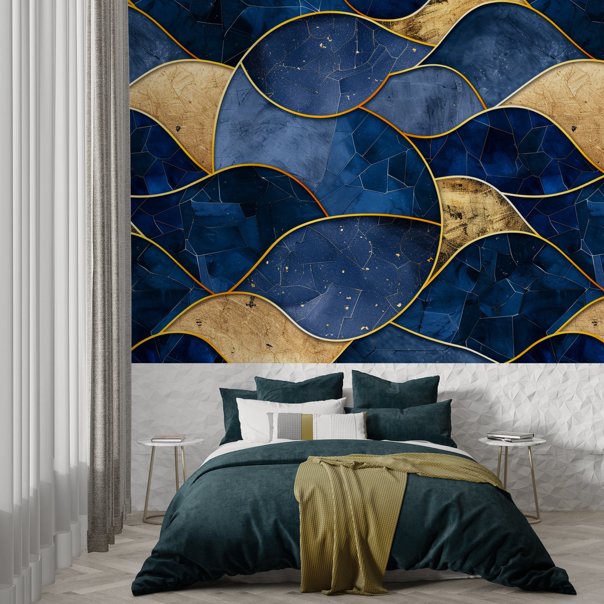 Navy and gold abstract wallpaper in master bedroom with contemporary furniture