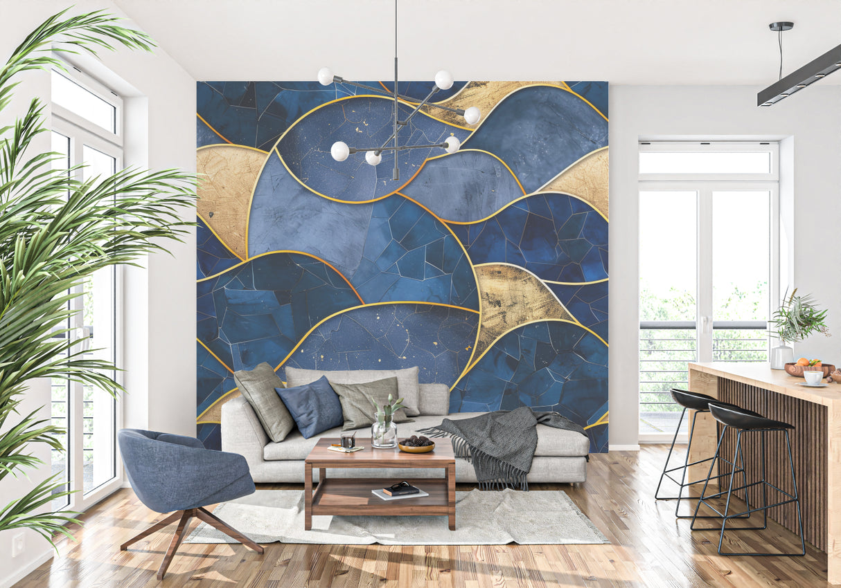 Geometric wave pattern mural in home office showing flowing design