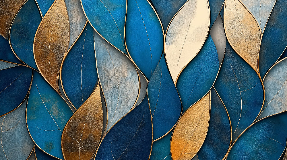 Abstract blue and gold leaf pattern design file showing intricate details and rich color palette