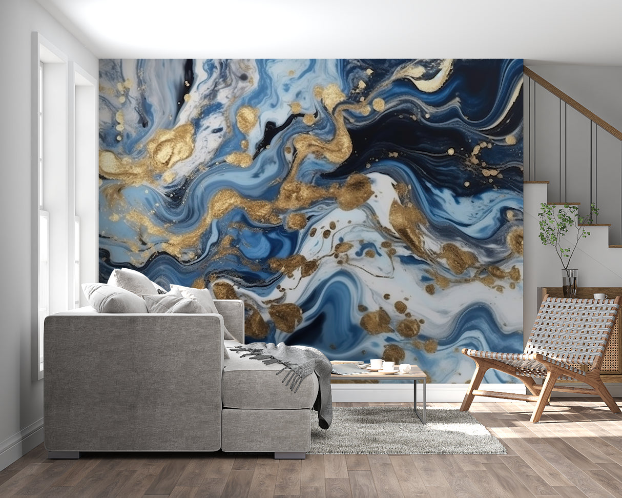Blue and gold marble wallpaper in modern living room, creating a stunning feature wall with swirling pattern
