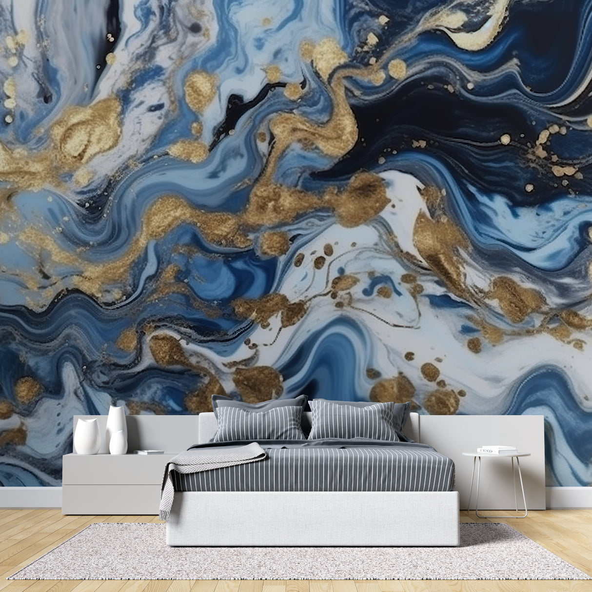 Abstract marble effect wallpaper displayed in luxury master bedroom, showing deep blue and gold tones