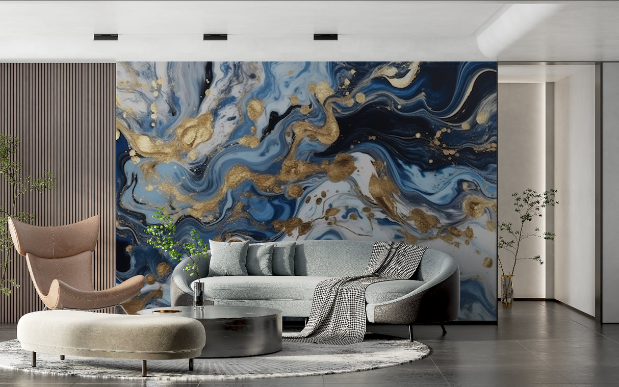 Blue and gold abstract wallpaper in home office space, showing the pattern's depth and movement