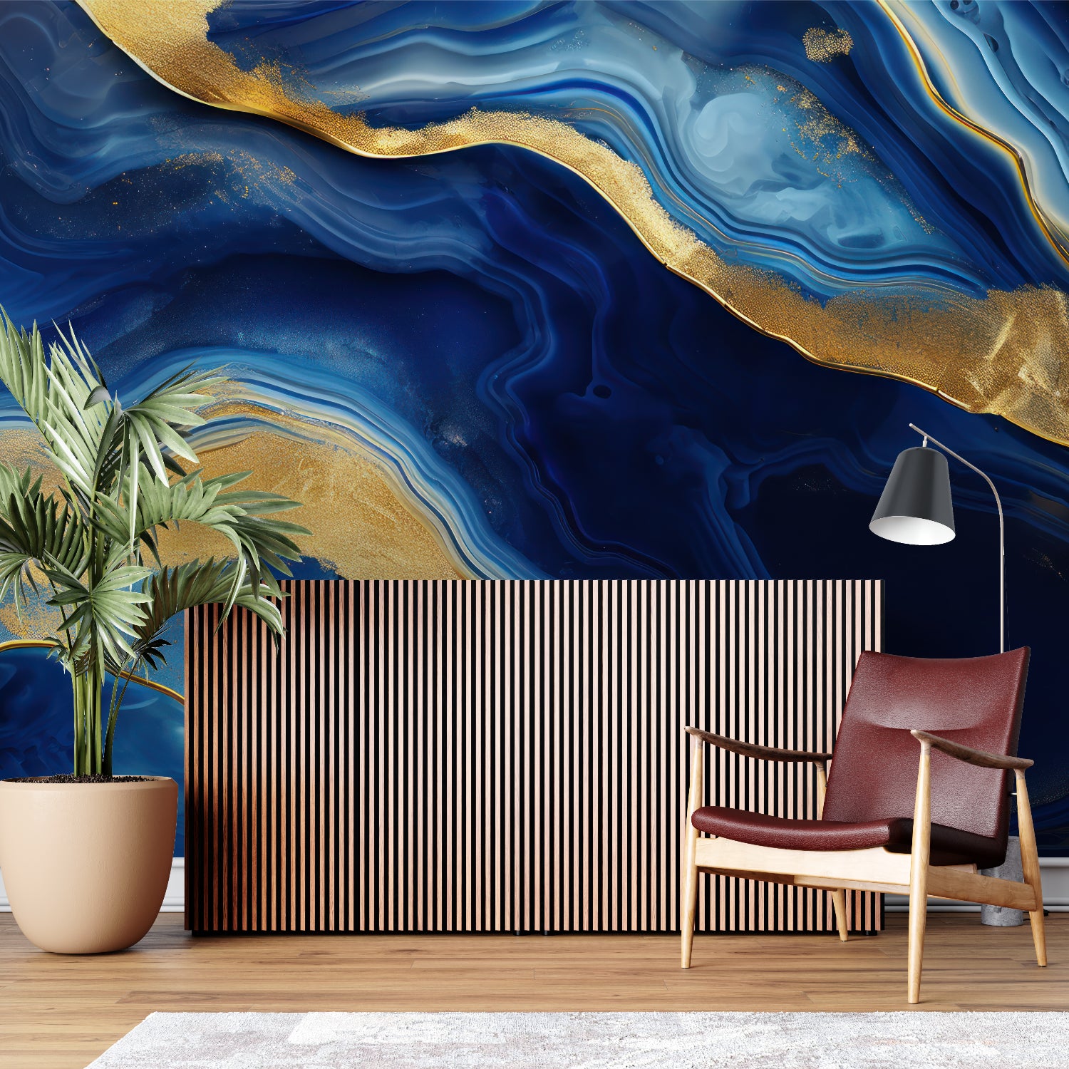 Luxury master bedroom featuring blue and gold marble wall mural above an elegant headboard
