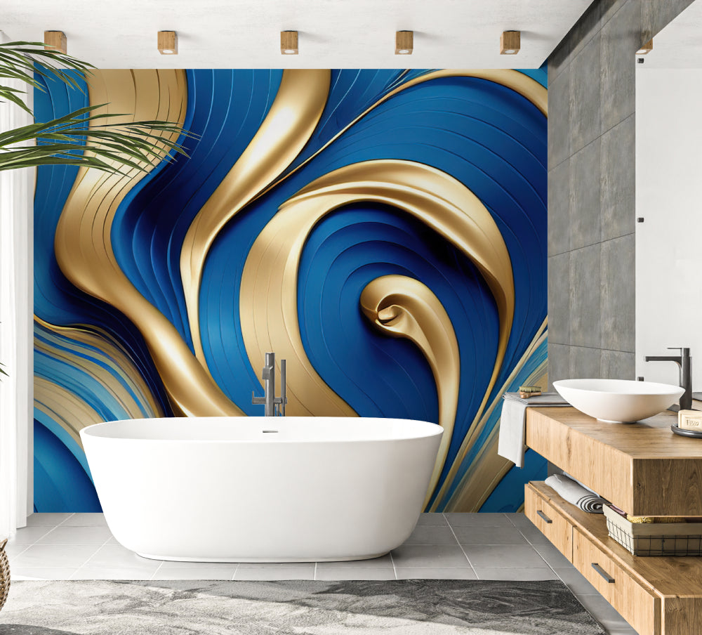 Blue and gold abstract swirl wallpaper creating depth in a modern living room with natural lighting