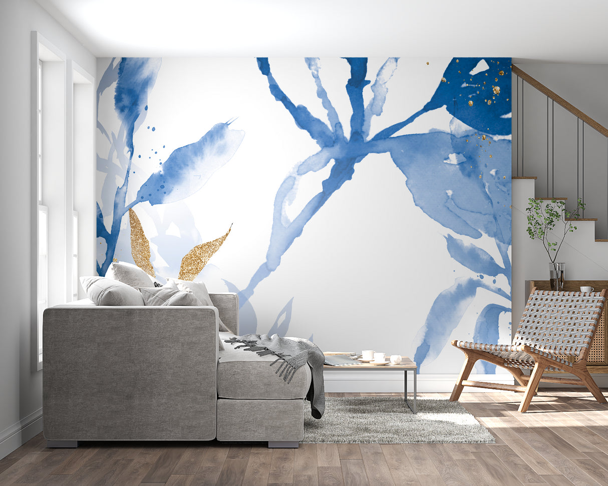 Abstract watercolor wallpaper featuring blue and gold leaves in master bedroom setting