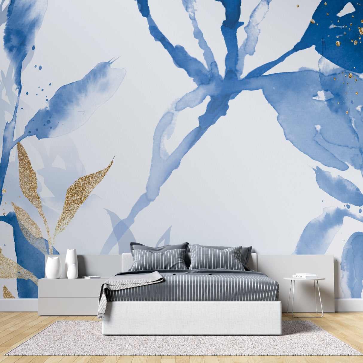 Blue and gold abstract leaf mural in home office with minimal furniture