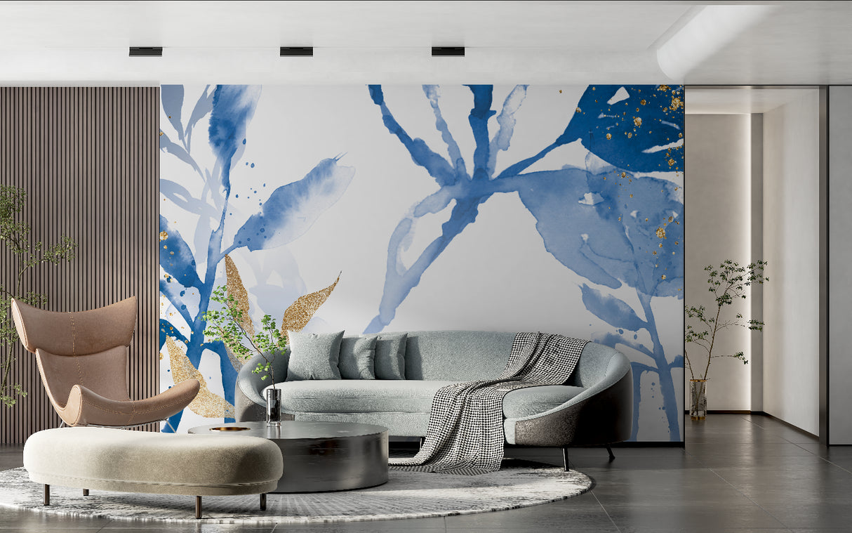 Watercolor leaf wallpaper creating focal point in dining room with pendant lighting