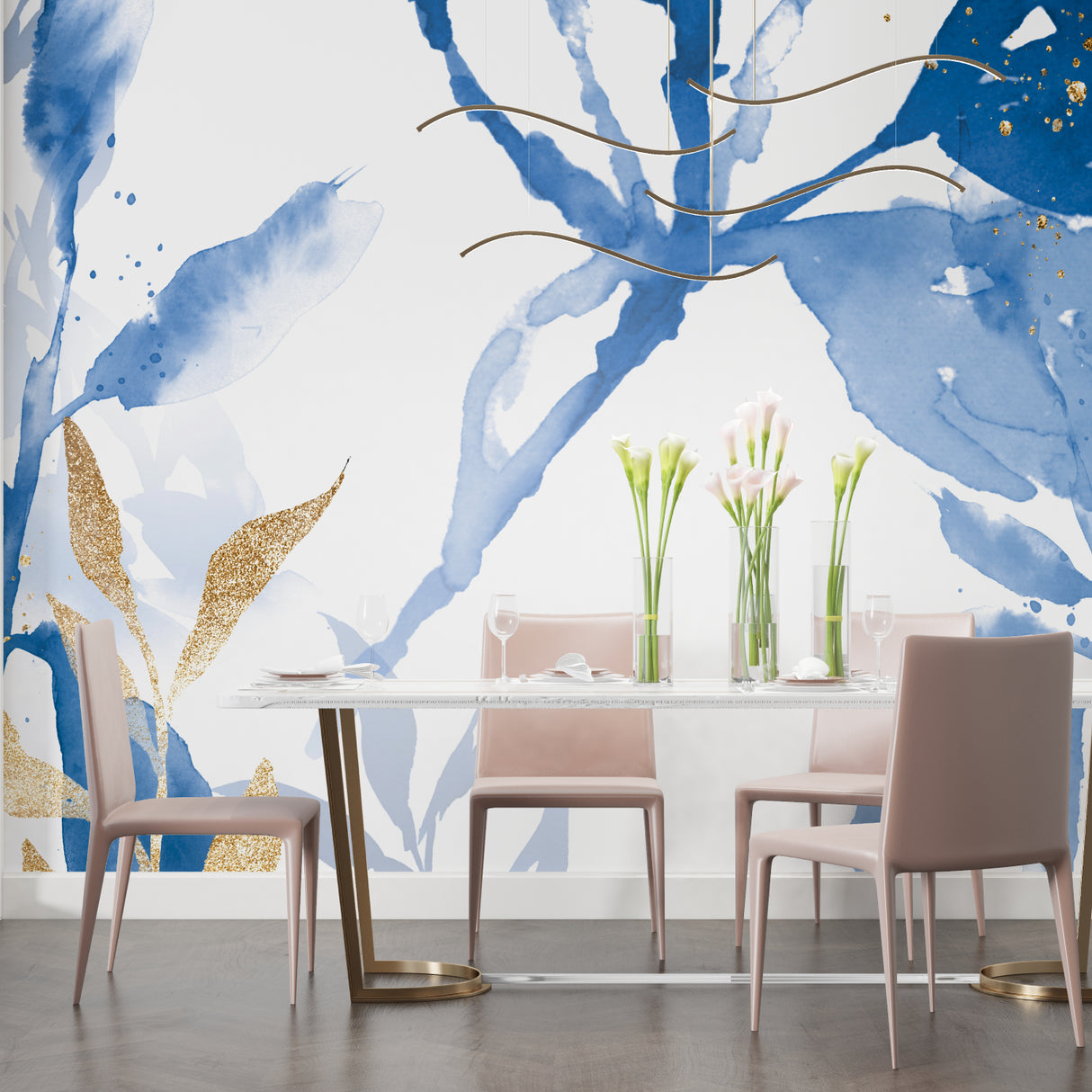 Abstract blue and gold mural in hallway with modern decor