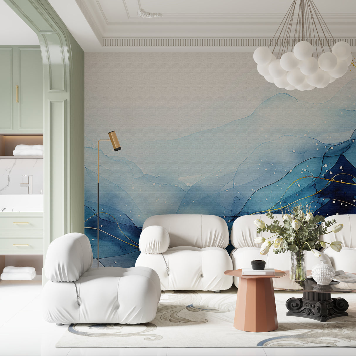 Blue and gold abstract wave wallpaper in modern living room with natural light highlighting the golden details