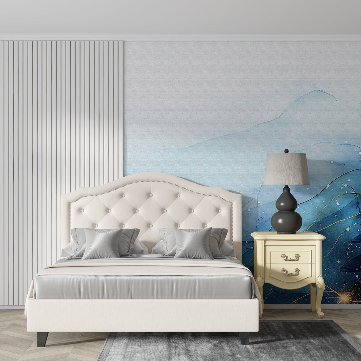Watercolor wave mural creating calm atmosphere in master bedroom with morning light