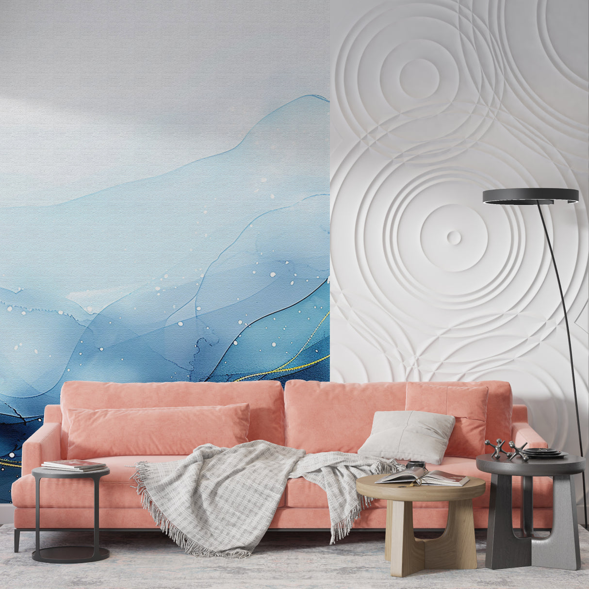 Abstract blue and gold wallpaper in home office showing the scale of the wave pattern