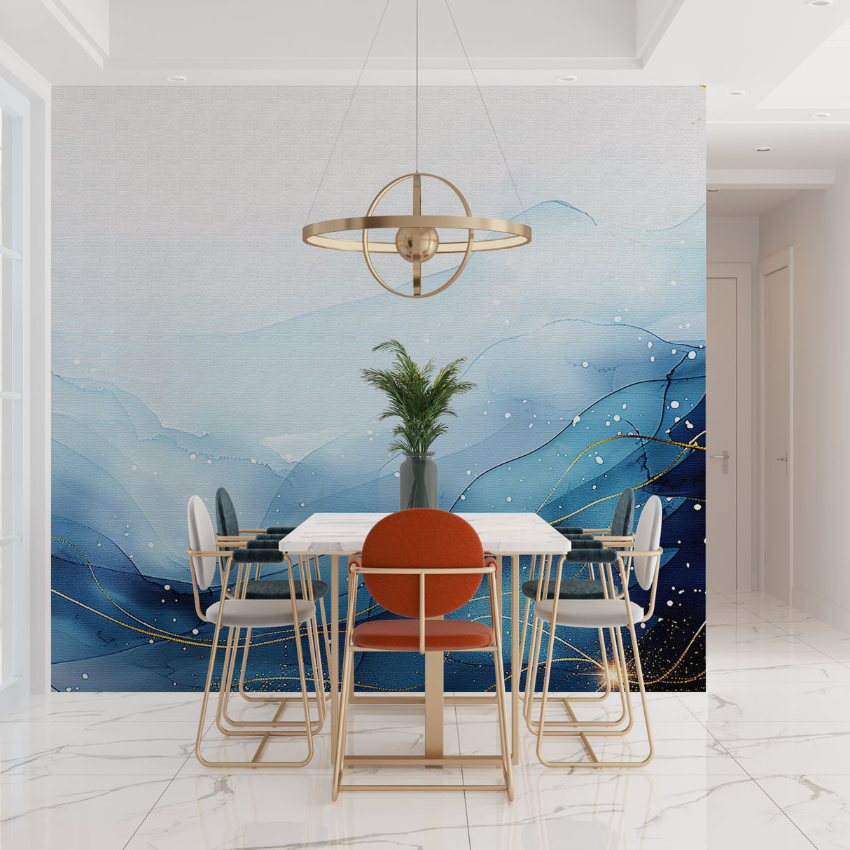 Ocean-inspired wall mural in dining room with evening light catching gold accents