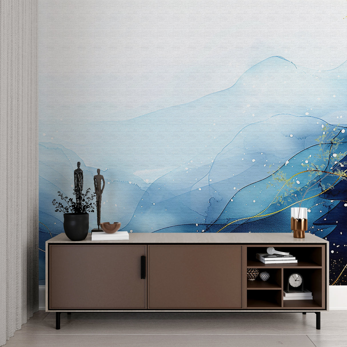 Modern abstract wallpaper bringing movement to hallway walls with ambient lighting
