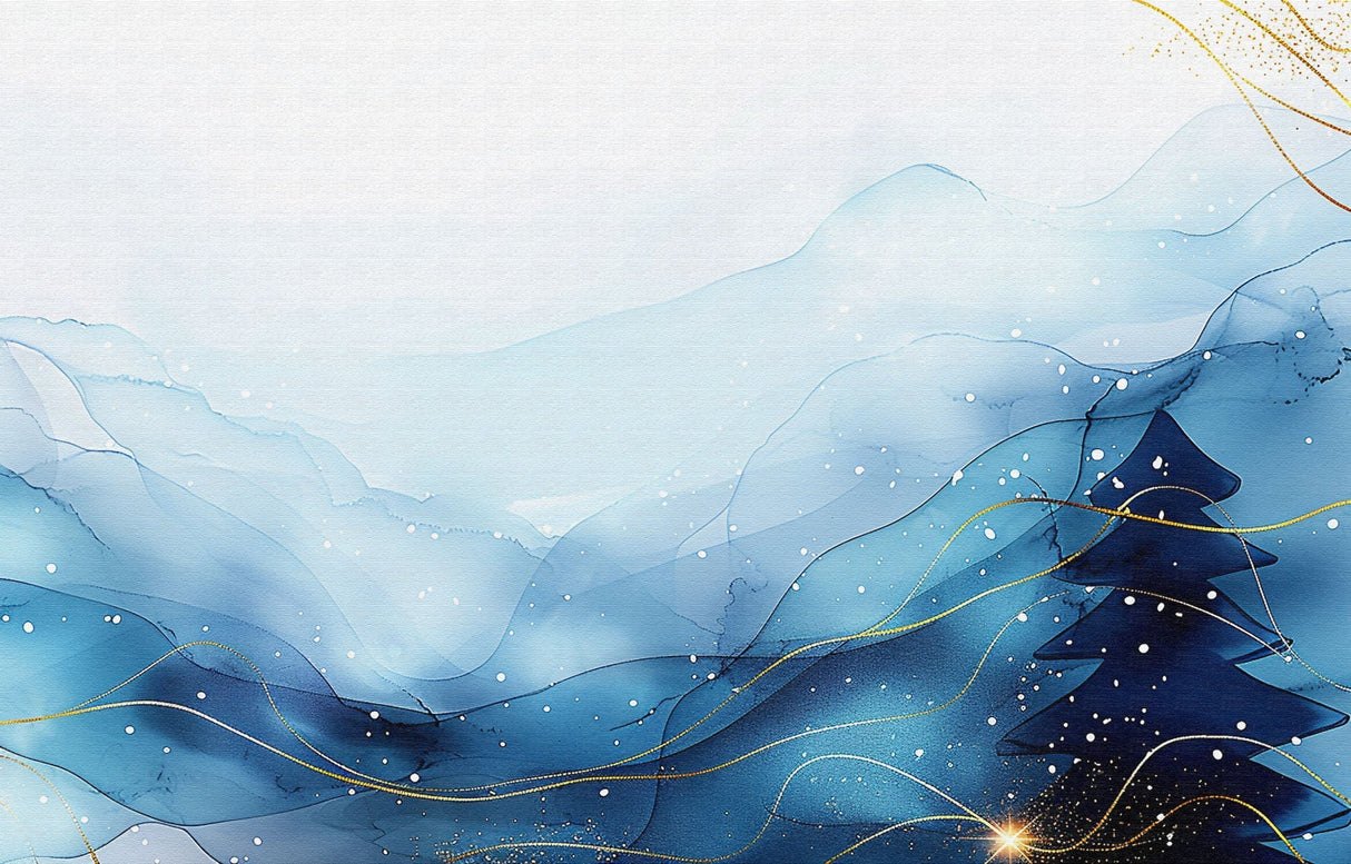 Design file showing full watercolor wave pattern with blue gradient and gold detail work