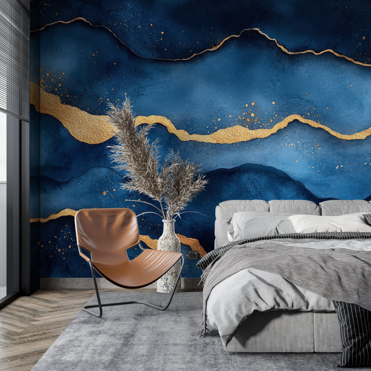 Abstract wave mural in luxury master bedroom with gold accents