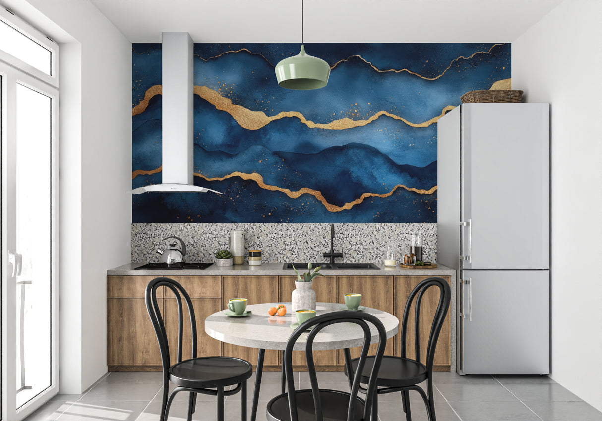 Navy and gold abstract wallpaper in minimalist dining room setting