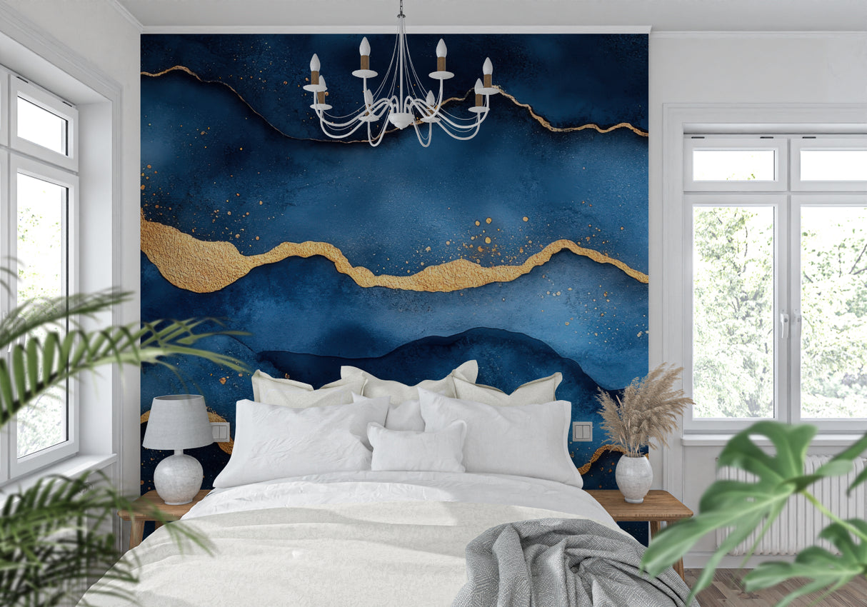 Modern office space featuring blue and gold abstract wall mural