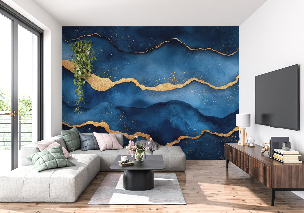 Hotel lobby showcasing luxury abstract wave wallpaper in blue and gold