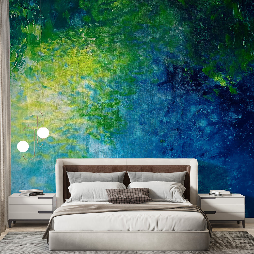 Abstract watercolor wallpaper in blue and green tones creating a calming atmosphere in a modern living room setting