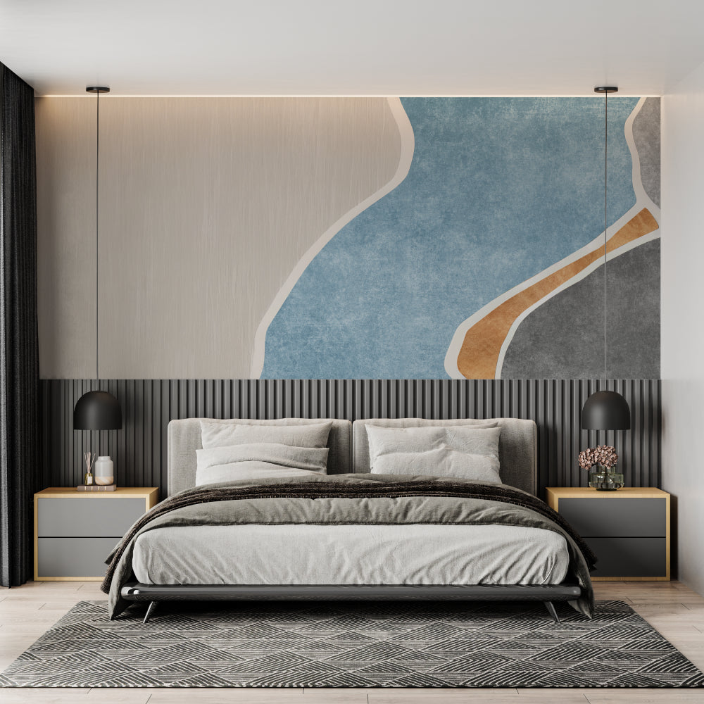 Abstract blue and terracotta curved wallpaper in a modern living room setting with minimal furniture