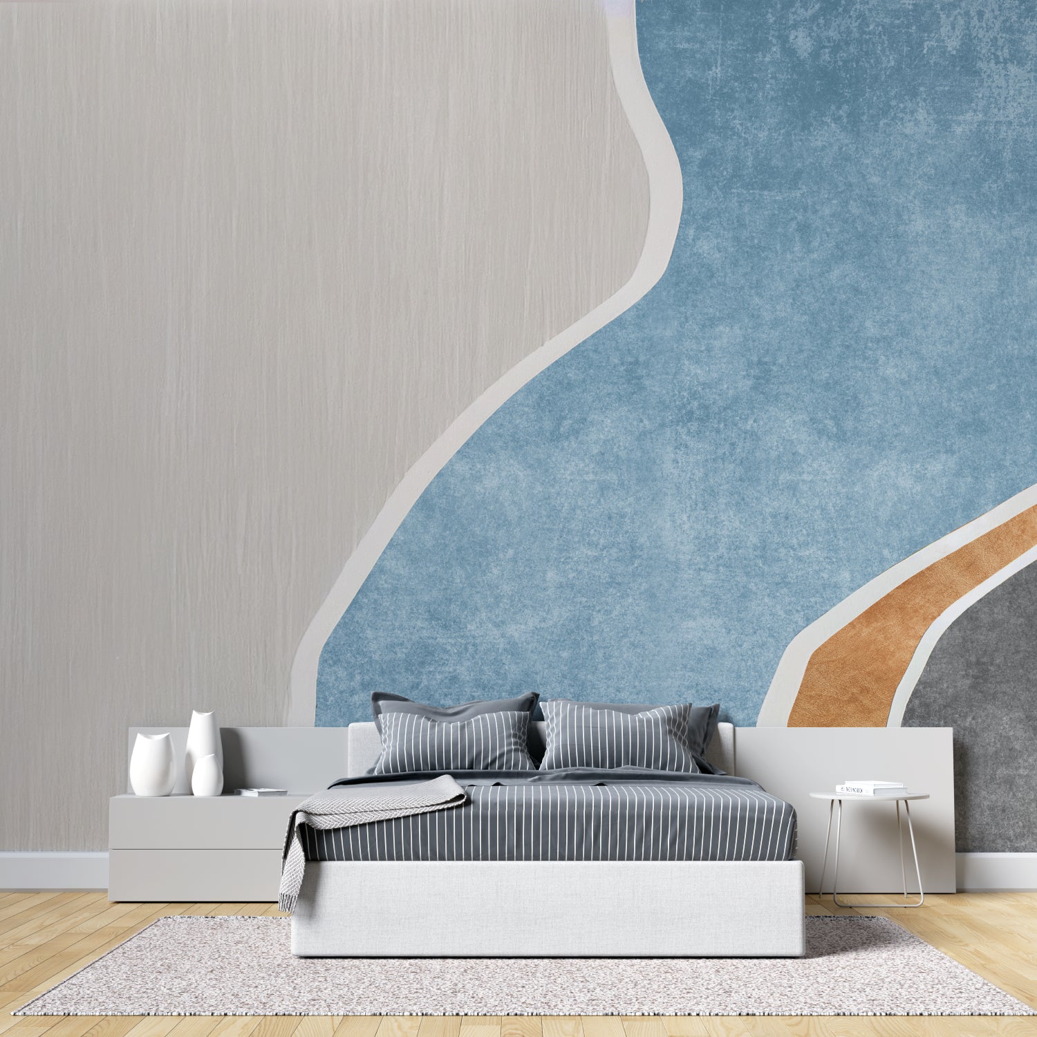 Abstract wall mural featuring curved design in a bright home office space