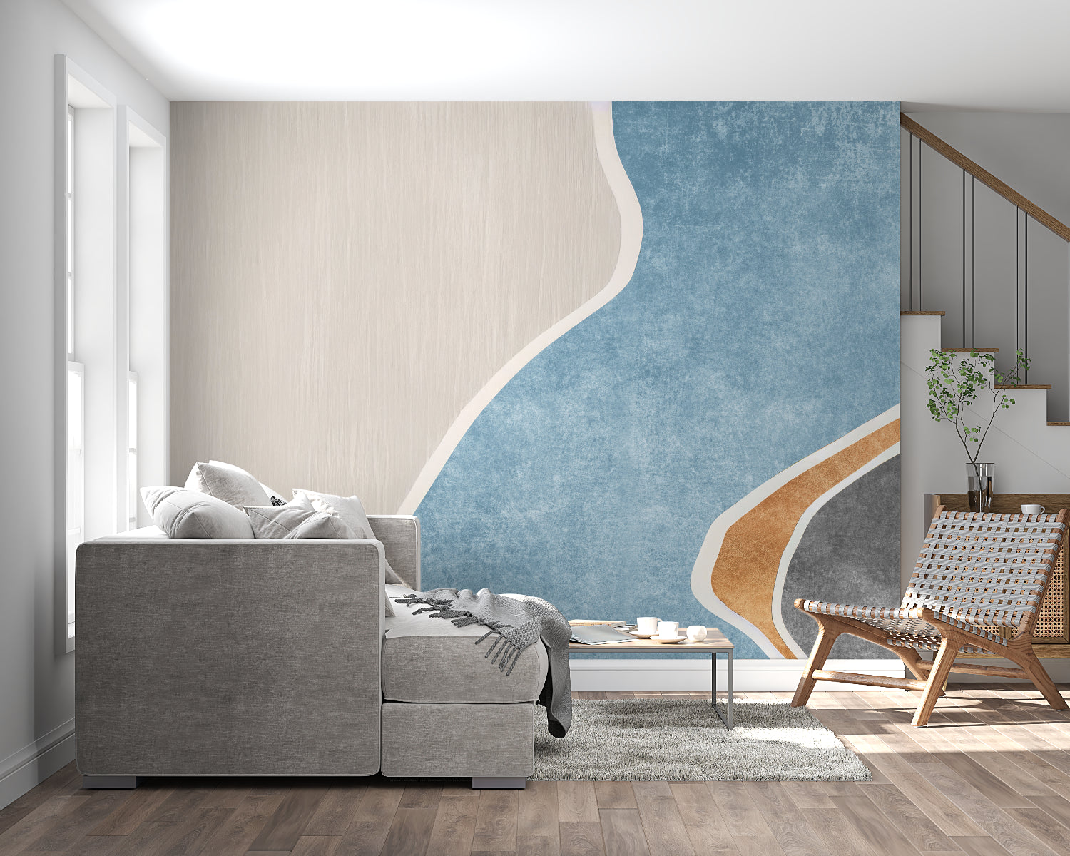 Blue and terracotta abstract wallpaper creating flow in a dining room