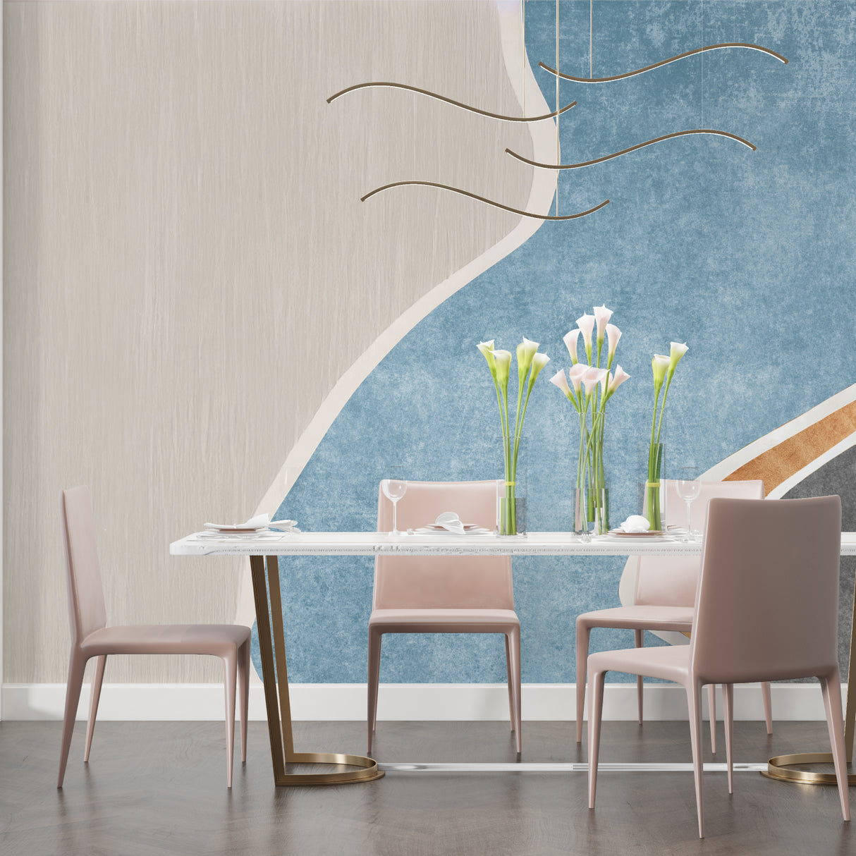 Modern curved abstract wallpaper displayed in a contemporary bedroom