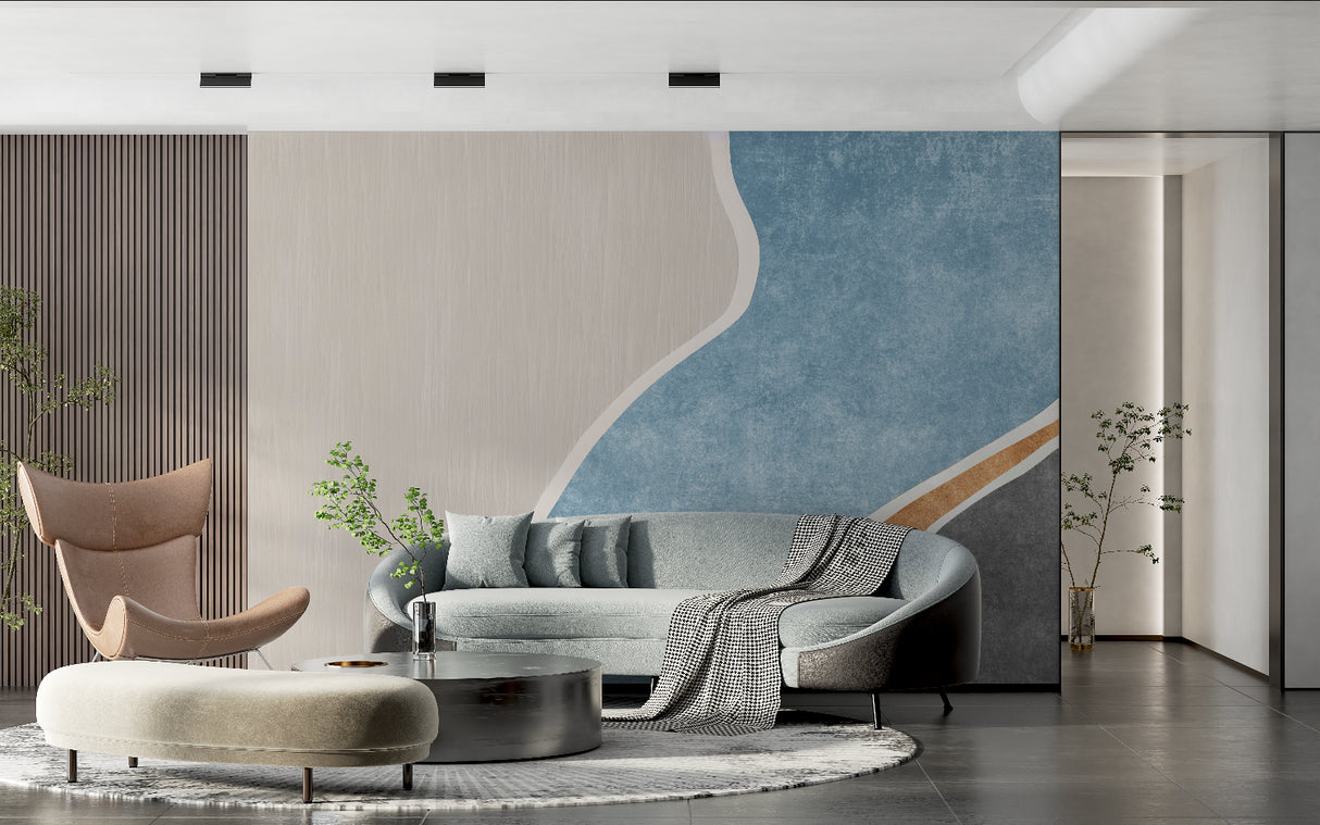 Abstract geometric wallpaper with curves shown in an entrance hallway