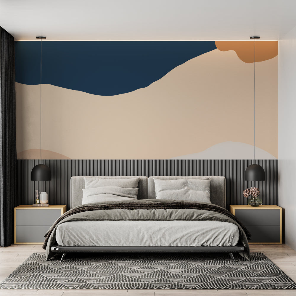 Modern living room with blue and terracotta abstract wave wallpaper creating a peaceful atmosphere