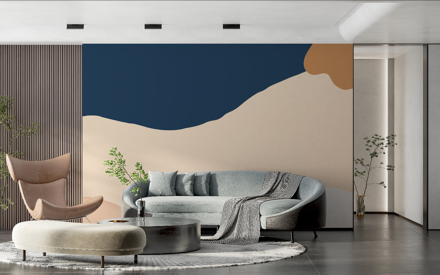Dining room with modern abstract wallpaper showing flowing blue waves