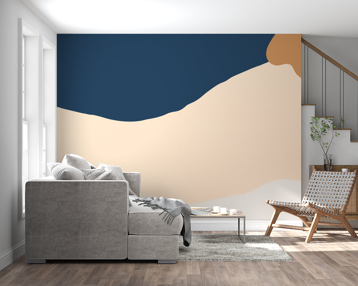 Bedroom wall with abstract blue and terracotta wave pattern mural