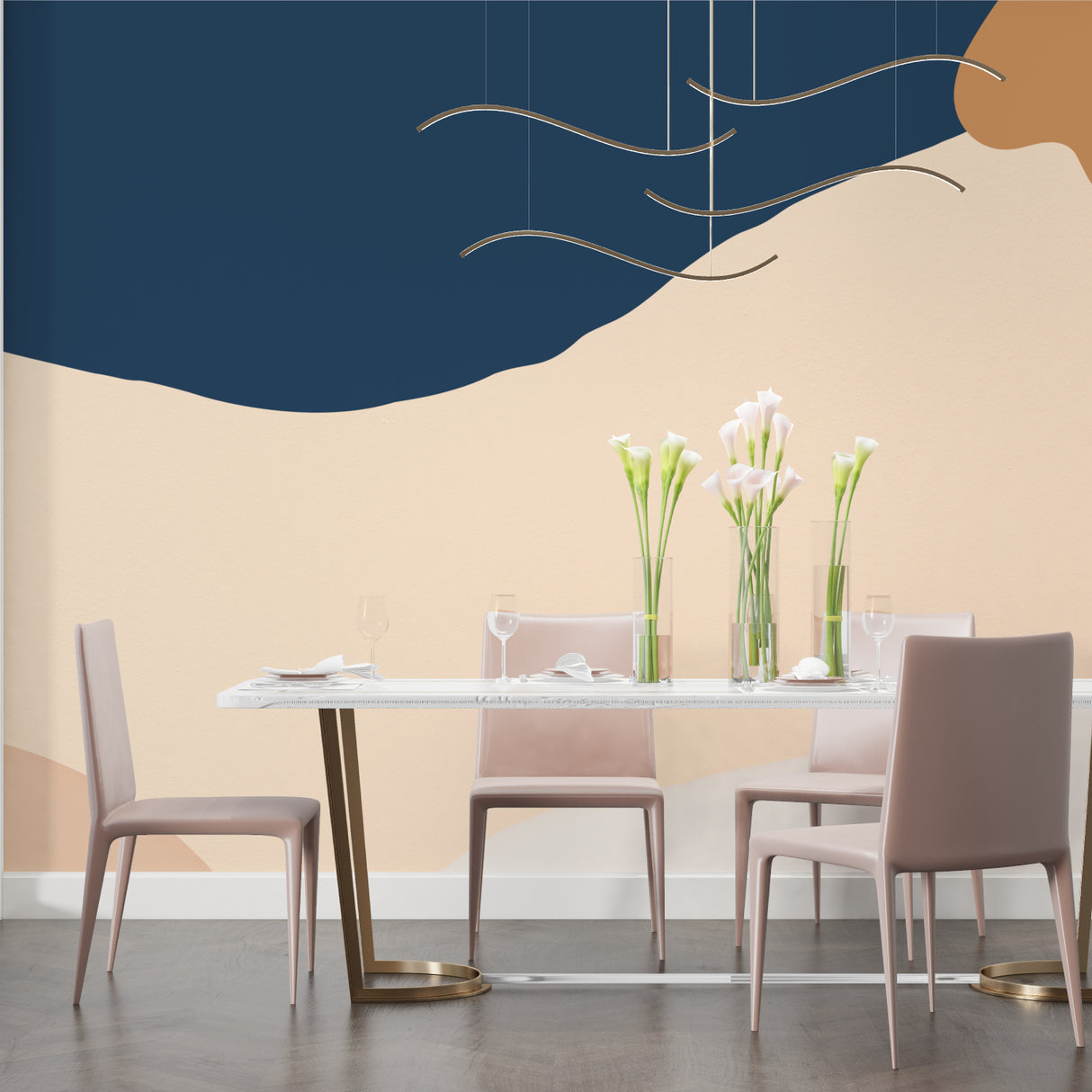 Abstract wave wallpaper installation in contemporary hallway