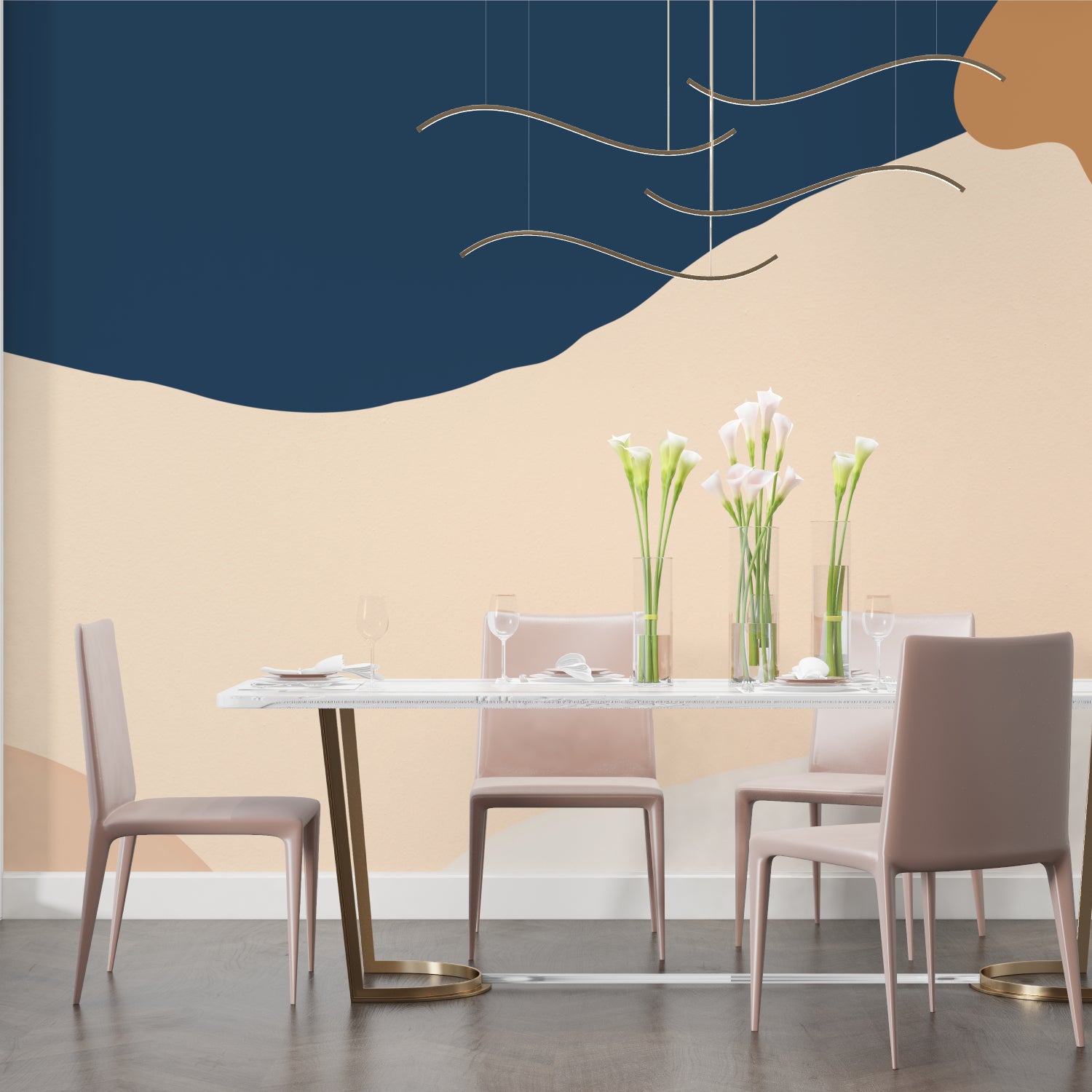 Abstract wave wallpaper installation in contemporary hallway