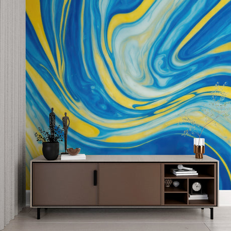 Blue and yellow abstract wallpaper creating a stunning focal point in a modern living room