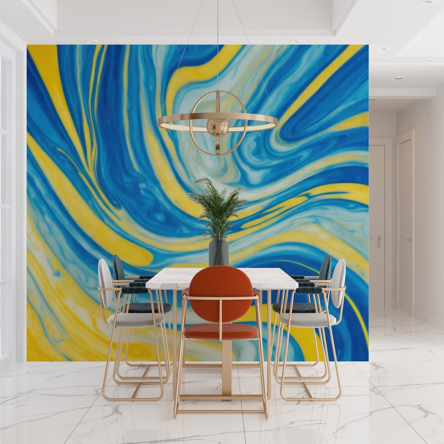 Abstract swirl wallpaper brightening up a minimalist dining space