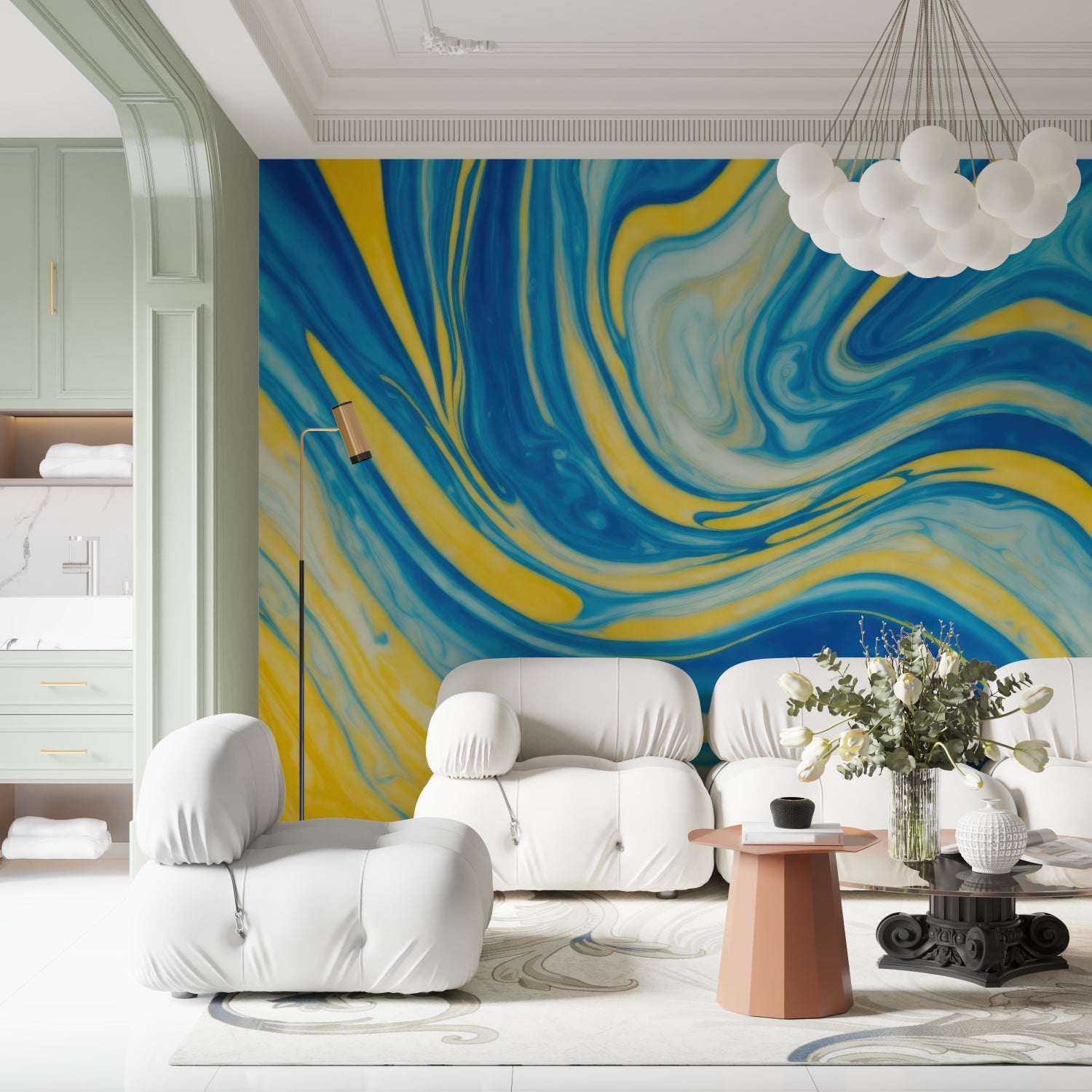 Modern abstract wall mural adding movement to a home office