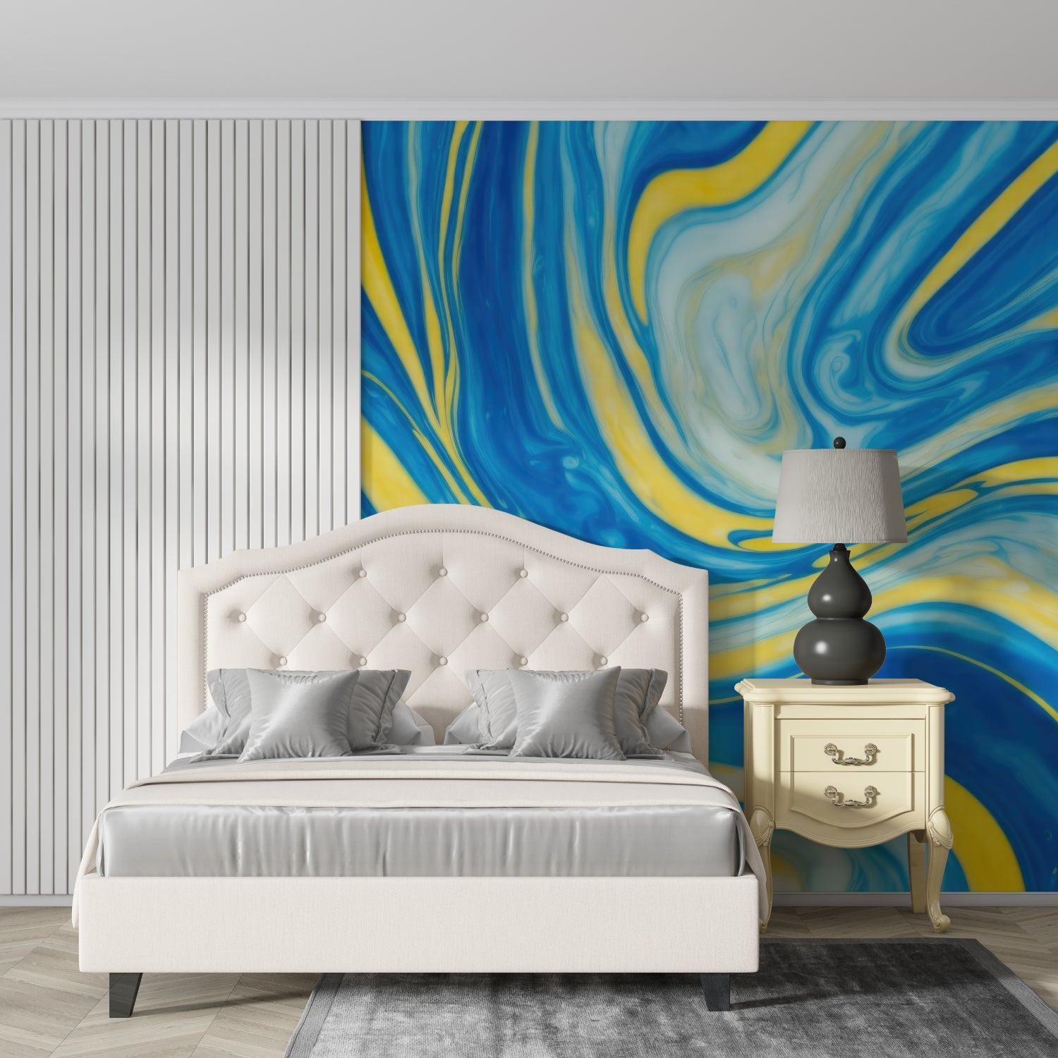 Blue and yellow abstract art wallpaper making a statement in an entrance hall