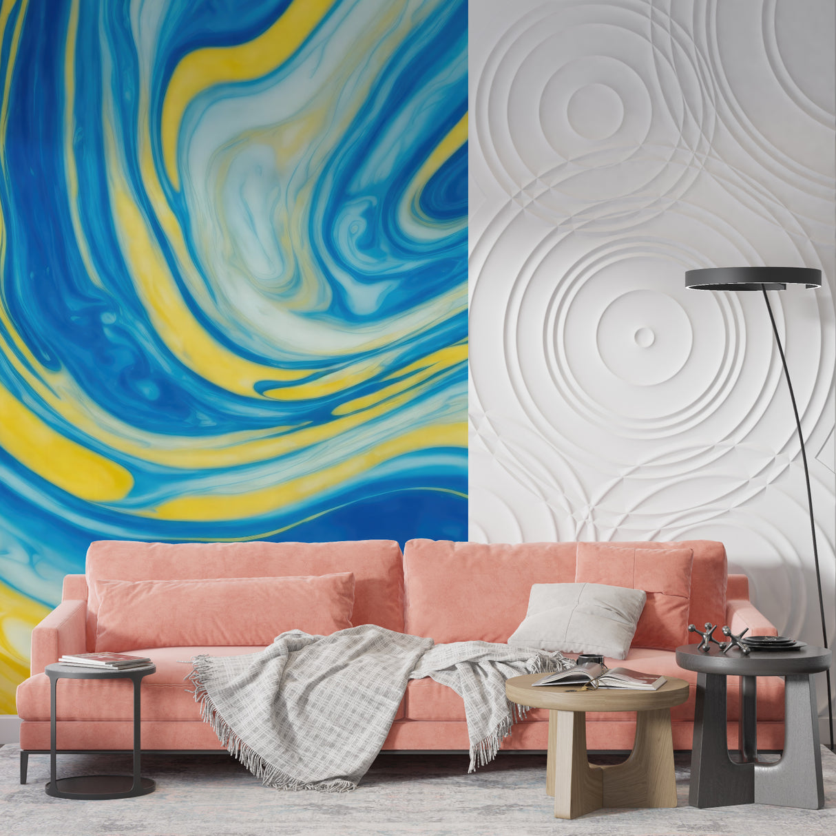 Abstract swirl pattern transforming a contemporary bedroom space