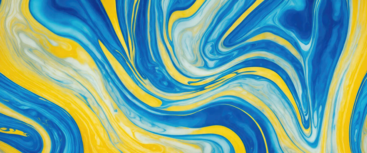 Design file showing fluid blue and yellow abstract pattern with swirling details