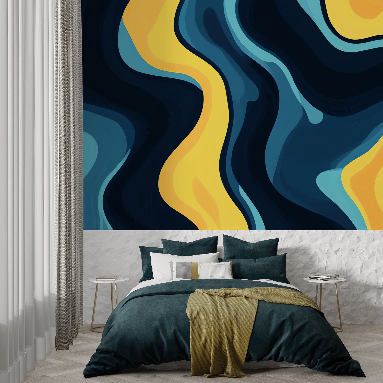 Modern living room with blue and yellow abstract wave wallpaper creating a stunning accent wall