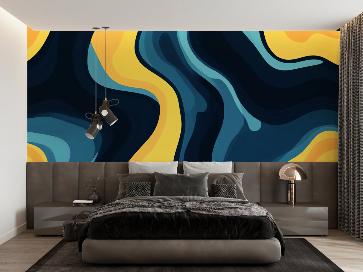 Home office featuring abstract wave wallpaper in blue and yellow tones