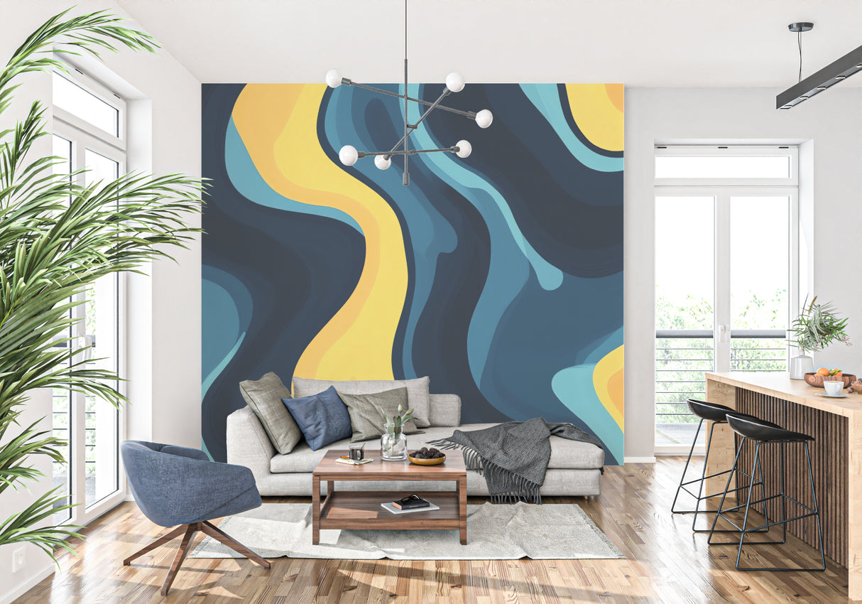 Dining room with modern abstract wave mural showcasing flowing blue patterns