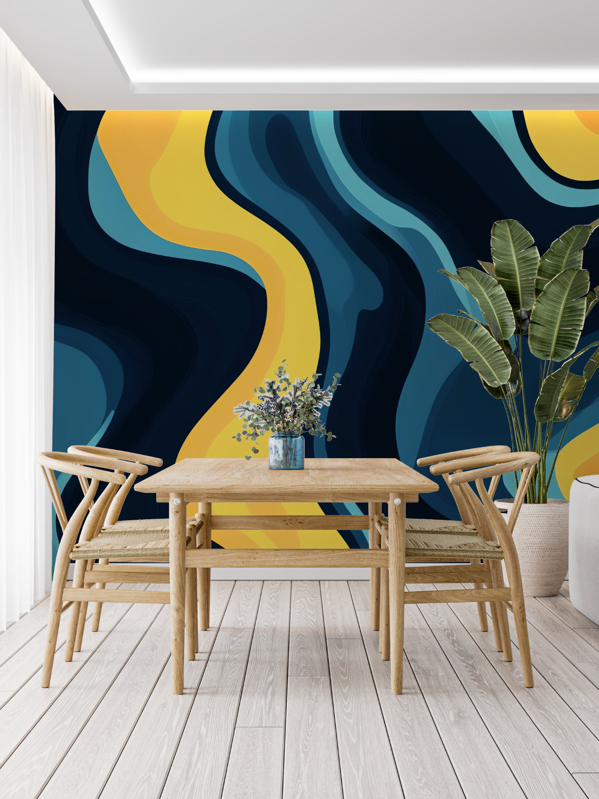 Contemporary hallway with abstract wave wall mural in blue and yellow