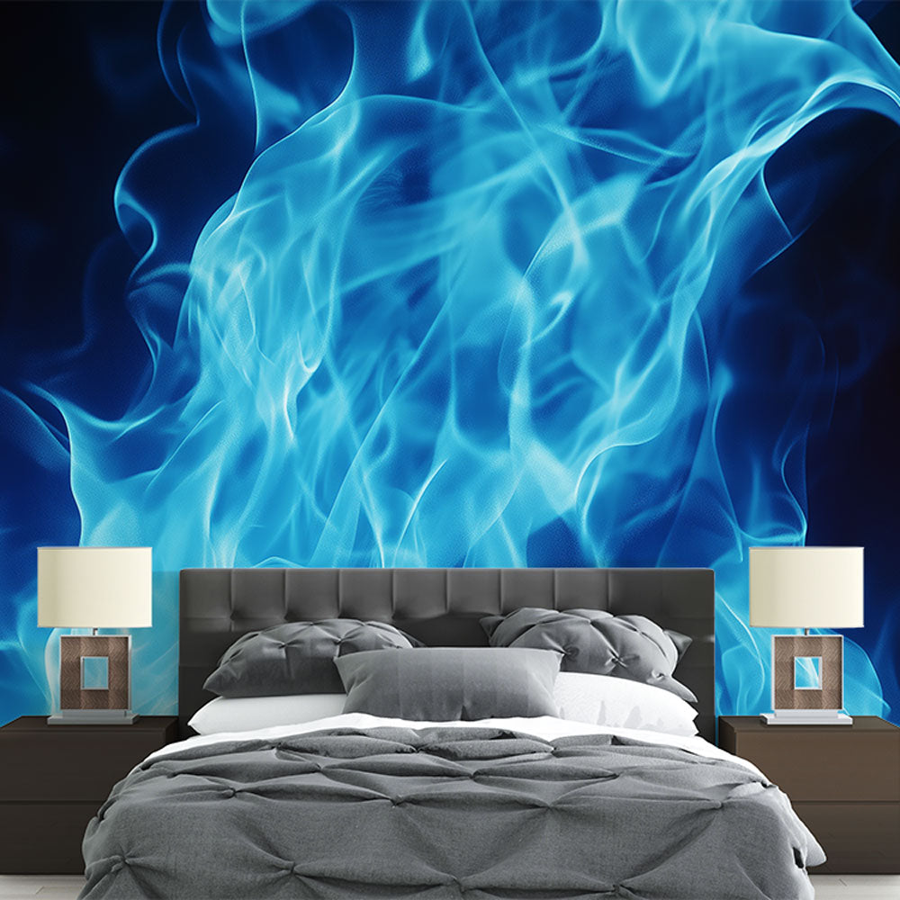 Blue flame abstract wallpaper mural creating a stunning statement wall in a modern living room with ambient lighting