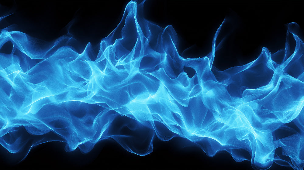 Blue wave abstract wallpaper creating depth in a modern living room with minimal furniture