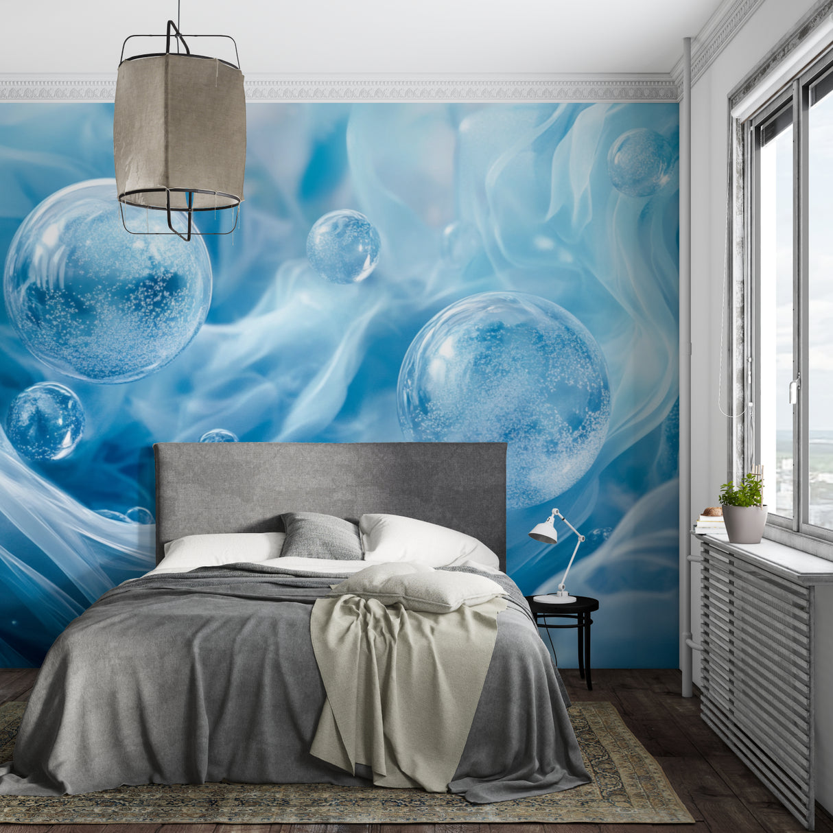 Blue abstract bubble wallpaper creating a calm atmosphere in a modern living room